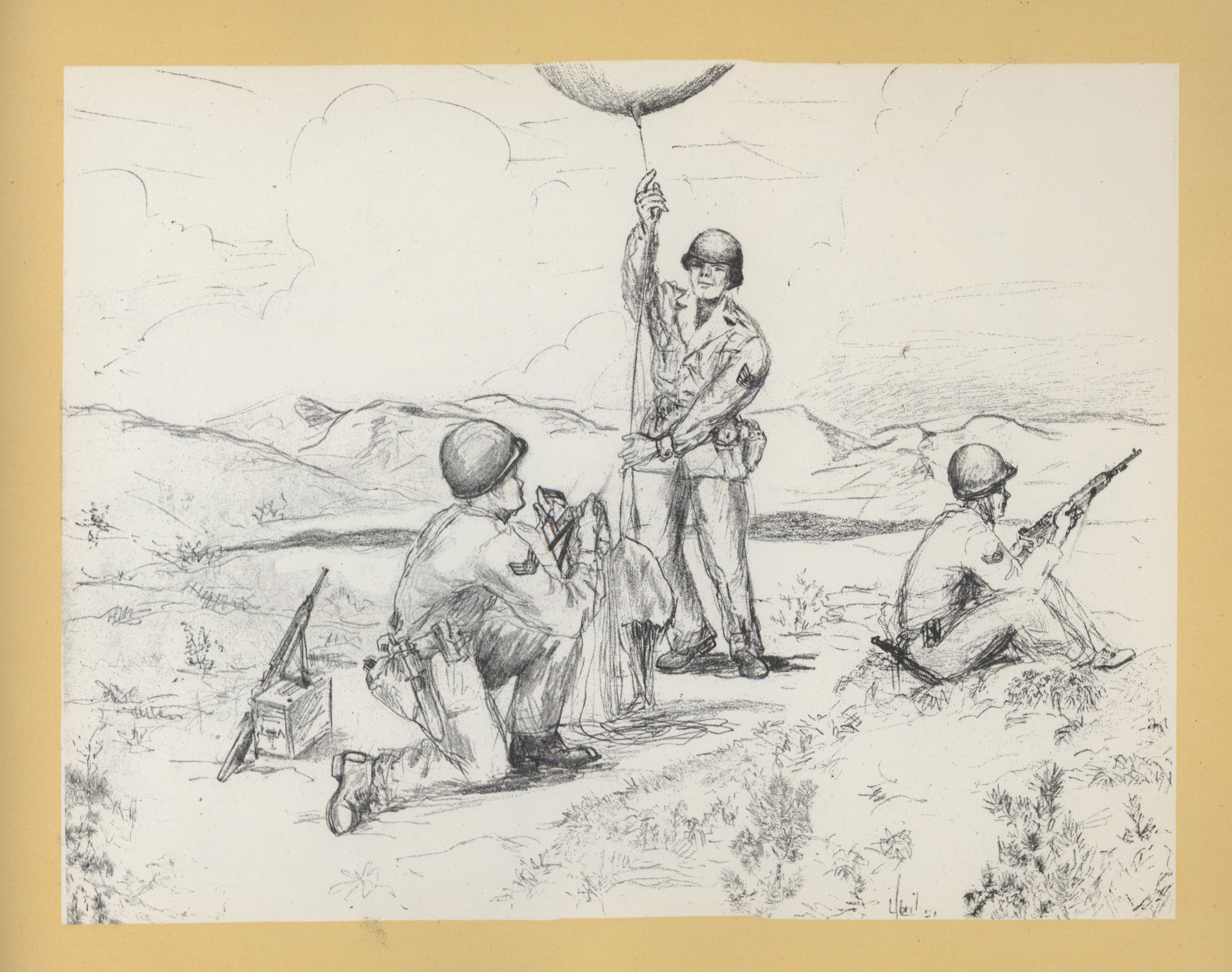 Original Caption: "Radiosonde men of the 20th take a balloon run while under enemy sniper fire."