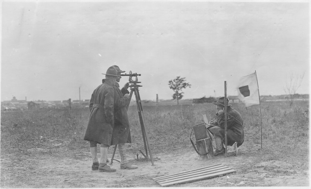 Privates Bauer and Keyte prepare to use a theodolite to track a weather balloon.&nbsp;Photo by A.W. Atkinson,&nbsp;US Army Signal Corps.&nbsp;Courtesy of the US Army Heritage and Education Center, Carlisle, PA.